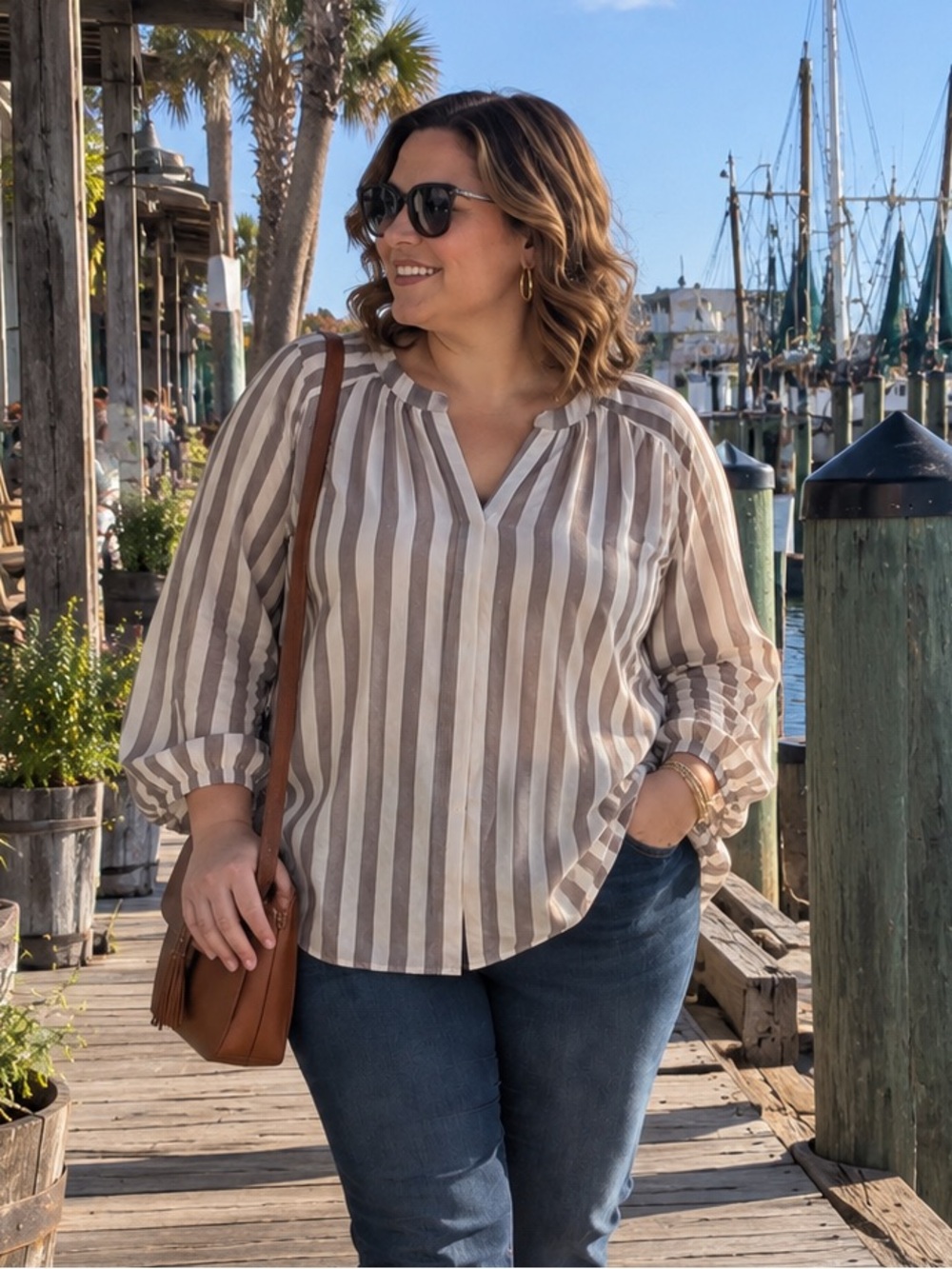 Torrid Harper Blouse Blaire Stripe Whisper White Deep Taupe 4 4X 26 NWT